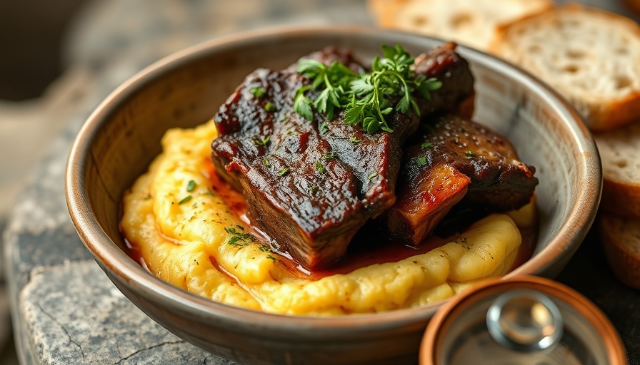 Slow Cooker Short Ribs in rich sauce over polenta with herbs.