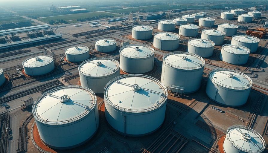 Aerial view of strategic petroleum reserve tanks.