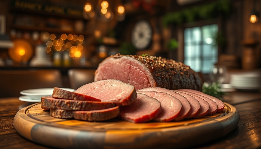 Sliced beef roast with bold text, rustic setting.