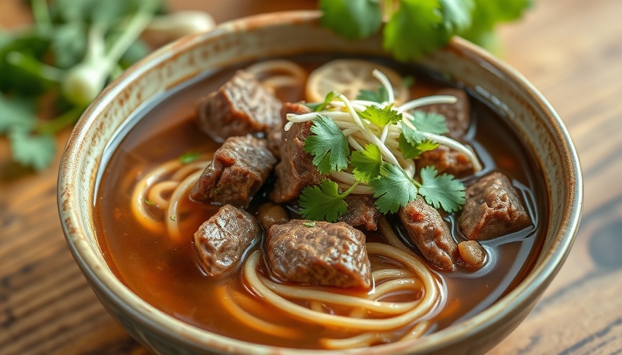 Khao Horm Thai Dallas beef noodle soup in ceramic bowl.