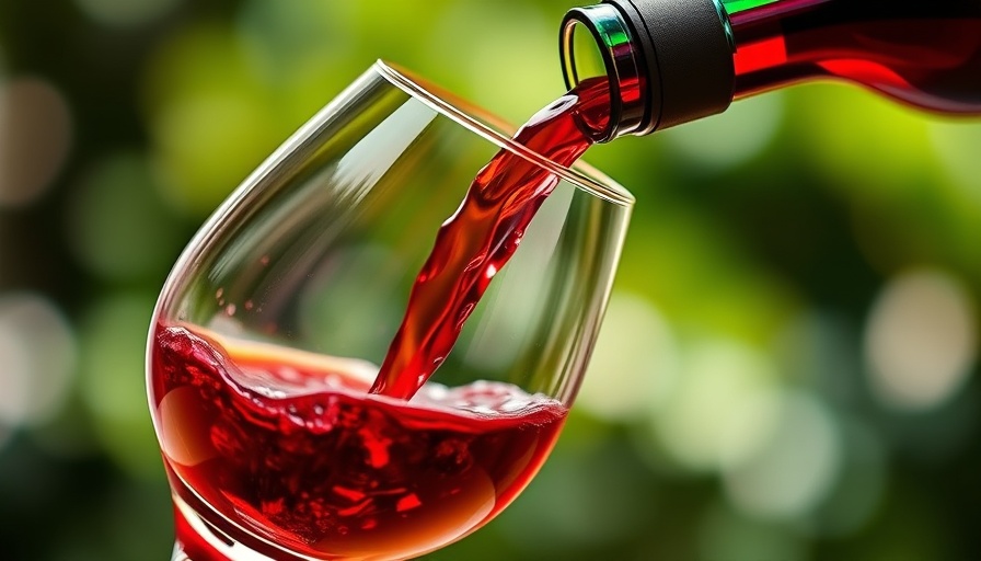 Red wine pouring into a glass against a blurred green background, food and wine pairing basics.