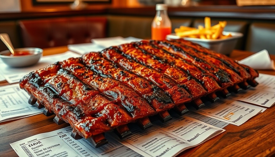 Baby Back Shak Dallas BBQ ribs with sauce and receipt on table.