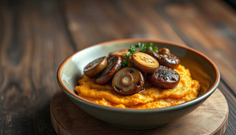 Gourmet dish with mushrooms on sweet potatoes, showcasing Dallas dining.