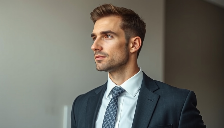 Professional man in a suit looking away in a serene setting.