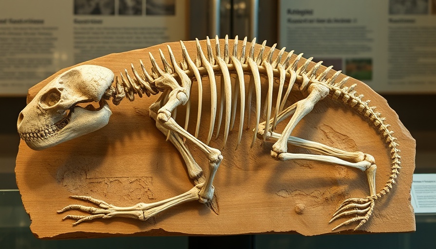Fossilized Mixodectes pungens skeleton on display.