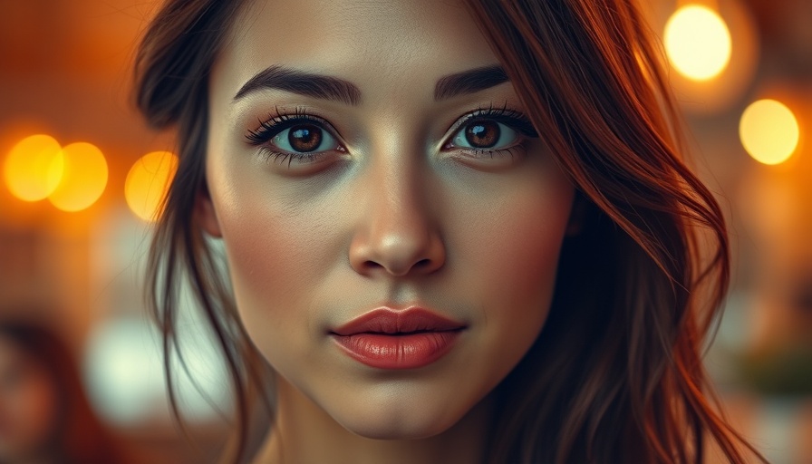 Serene close-up of smiling woman, vibrant indoor lighting.