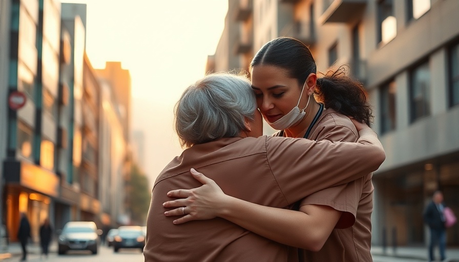 Healthcare workers embrace during COVID pandemic reflection.