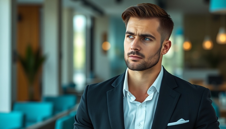 Man in a black suit with a thoughtful look in a modern setting.
