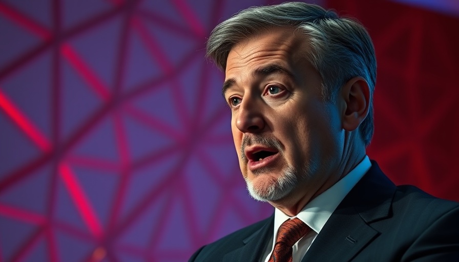 Mature man discussing under red and blue lighting, mayor race focus.