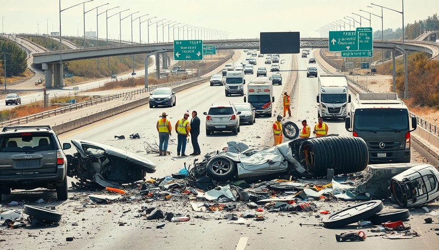 Highway accident scene with emergency responders and debris.