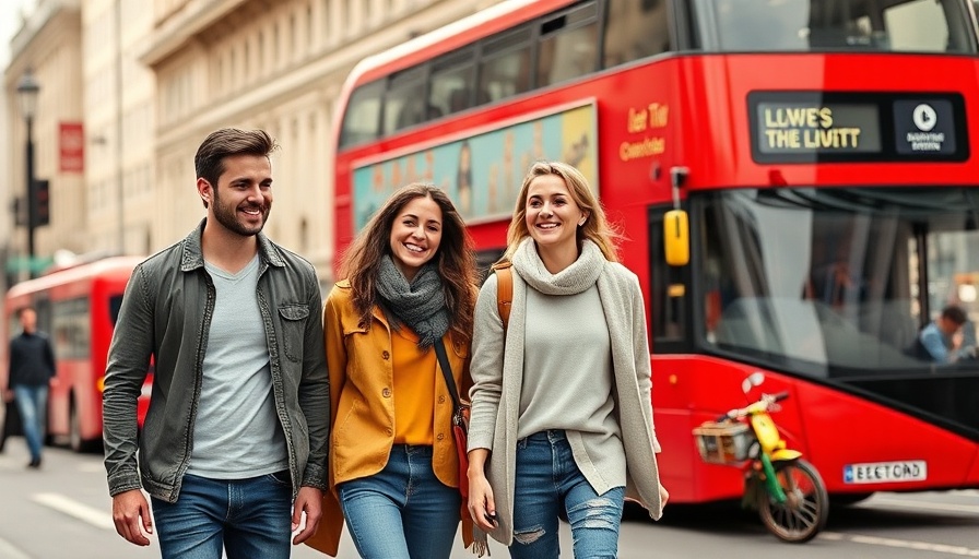 Family walking in city, casual style near red bus.