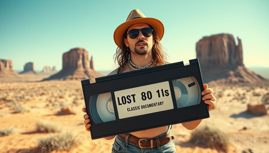 Collage with musician in hat, desert rocks, and VHS tape, faded style.
