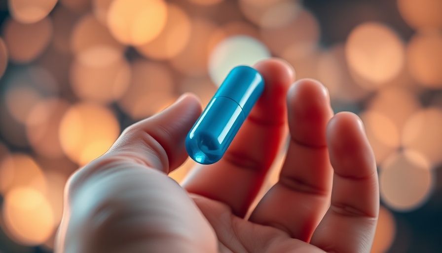 Close-up of a hand holding a large blue pill, vibrant and detailed.