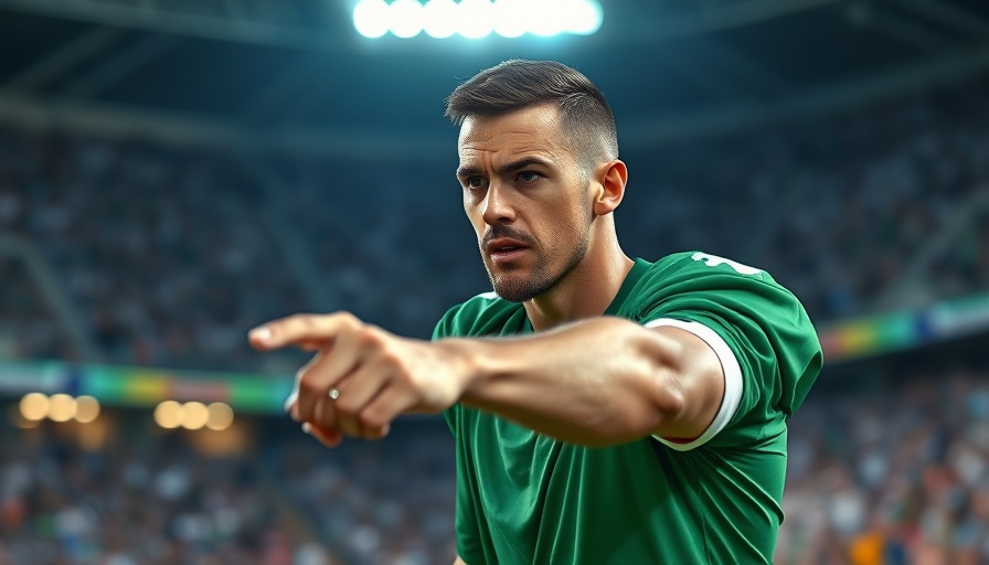 Football player in green jersey pointing on the field.