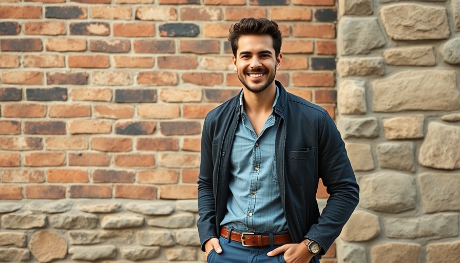 Casually dressed man smiling confidently in urban setting.