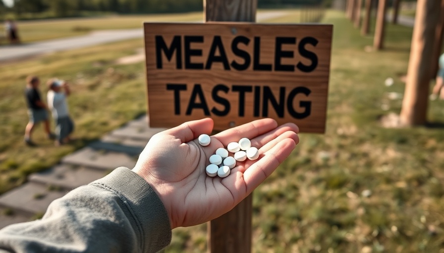 Measles testing sign and hand with pills for measles outbreak updates.
