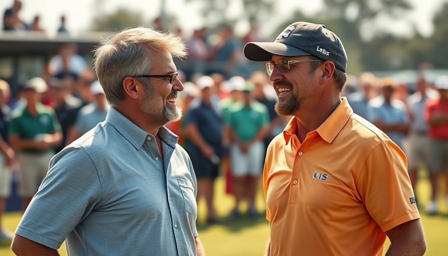 Two men at a golf event talking and smiling, sunny day.