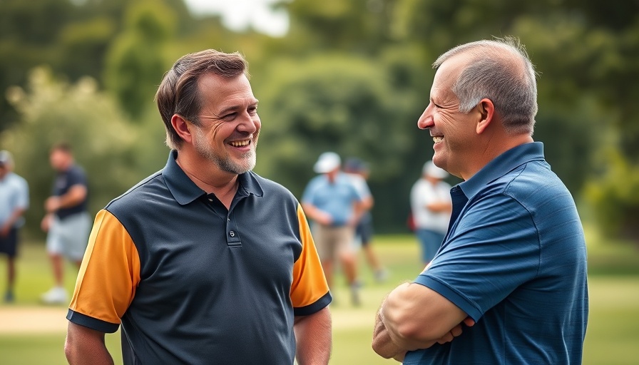 Tiger Woods biopic setting with two men talking at a golf event.