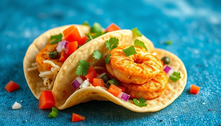 Seafood taco with crispy shrimp and toppings on blue background.