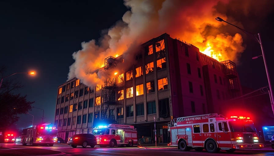Houston office building fire at night, emergency response.