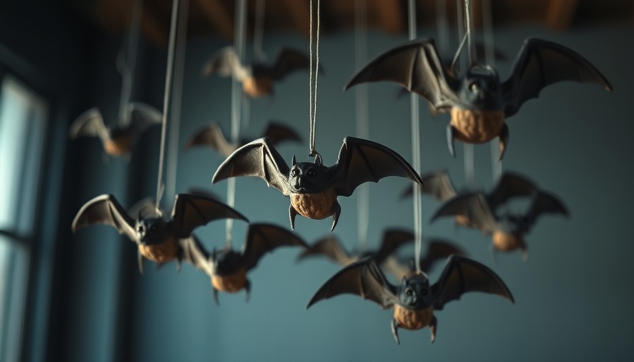 Model bats suspended from strings, evoking WWII bat bombs concept.