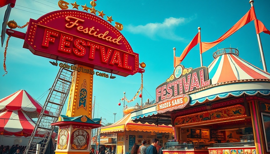 Vibrant scene at Poteet Strawberry Festival 2025 with signs and food stall.