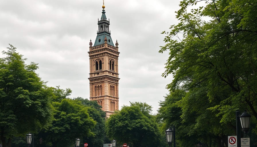 Tower Life building conversion surrounded by greenery under a cloudy sky.