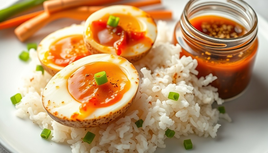 Marinated jammy eggs on rice with marinade jar on white background.