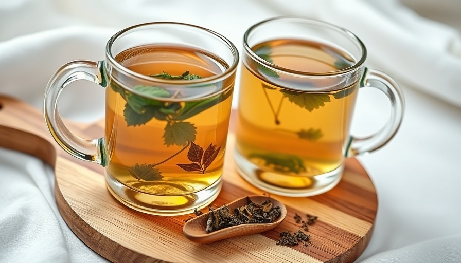 Clear mugs of anti-inflammatory herbal tea on a wooden board.