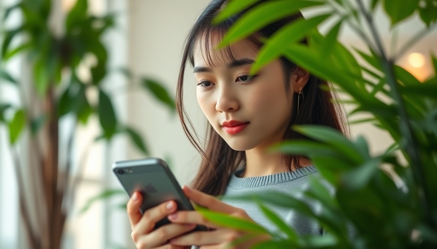 Young woman using smartphone for digital mental health programs indoors.