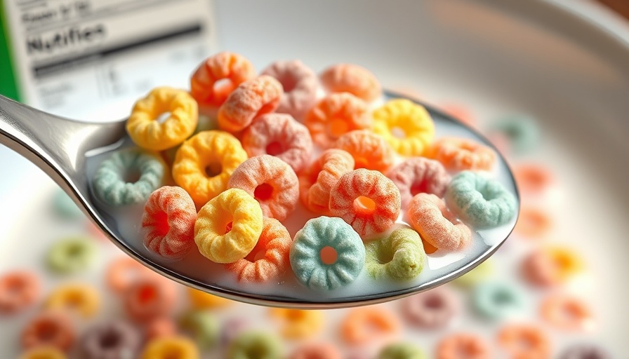 Sugar-loaded cereals to avoid: colorful cereal loops with nutrition label.