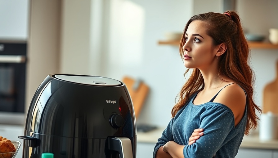 Woman pondering the downsides of air fryers in a modern kitchen.