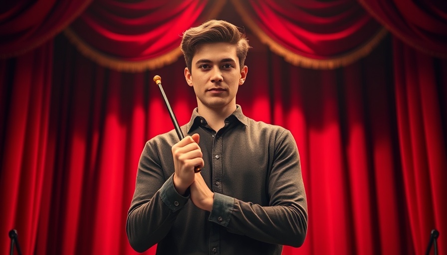 Young man with baton at San Antonio concert venue.
