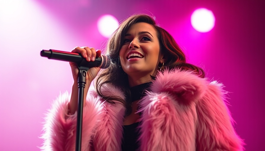 Captivating singer on stage with fluffy coat, pink lighting, expressing confidence.