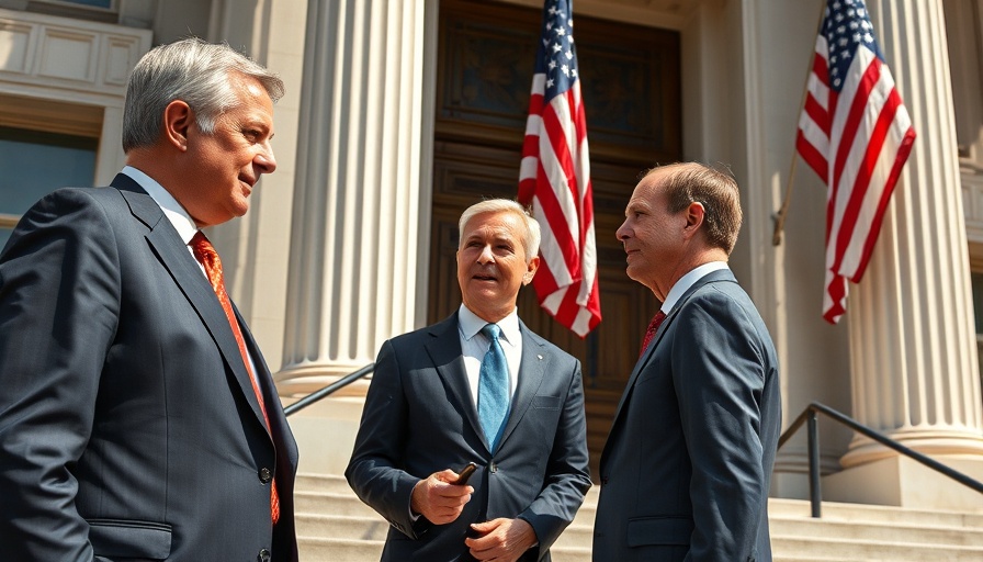 Politician discussing with visitor outside government building with American flag.