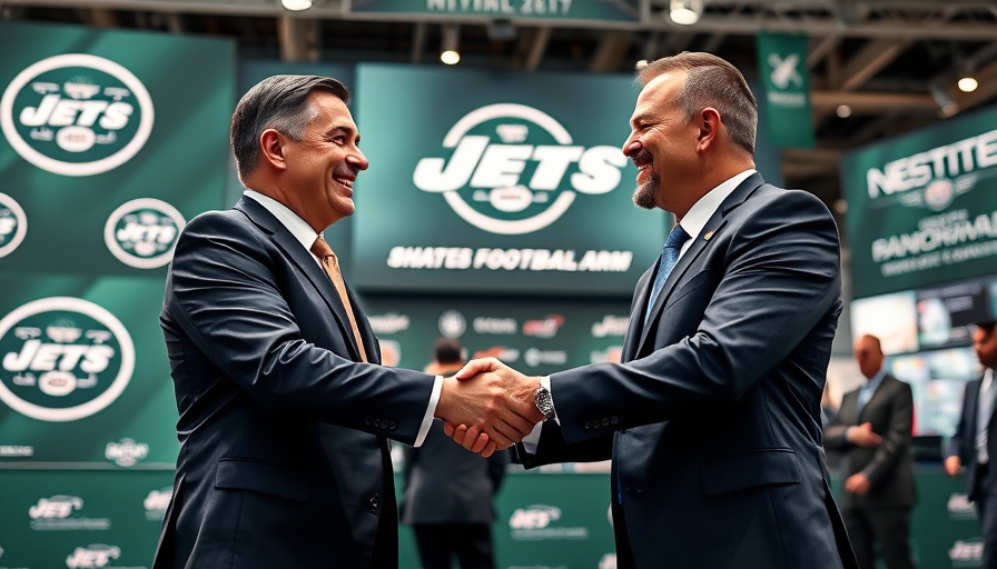 Jets free agency strategy event with two executives shaking hands.