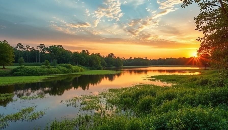 Tranquil Mississippi landscape at sunset, ideal for wellness retreats.