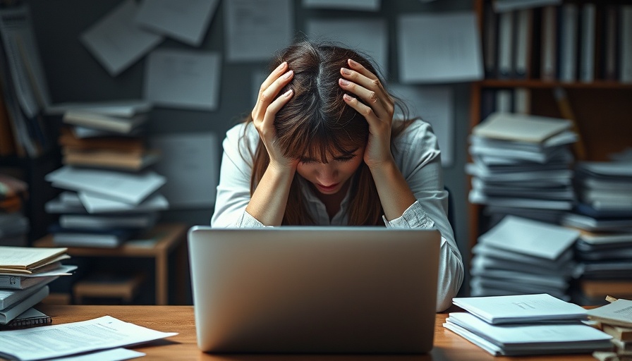 Young woman experiencing financial stress at a cluttered desk.
