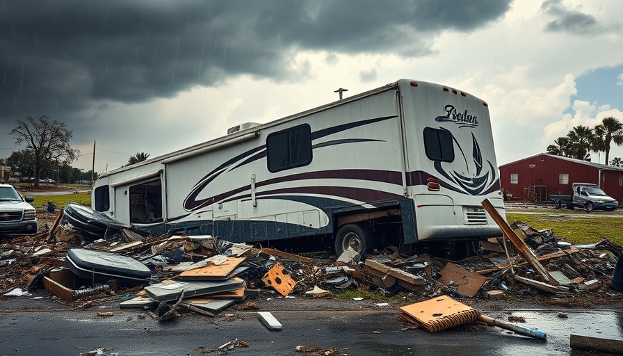 Texas storm flips RV causing fatality, severe weather scene.