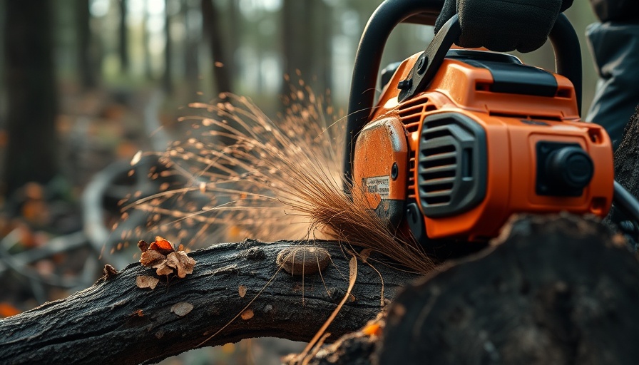 Bexar County fire prevention measures with a chainsaw cutting branches.