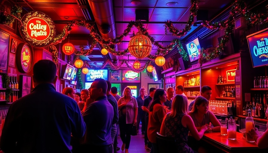 Vibrant dive bar in Houston with festive lighting and decor.