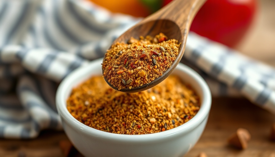 Homemade Cajun seasoning displayed in a white bowl with a wooden spoon.