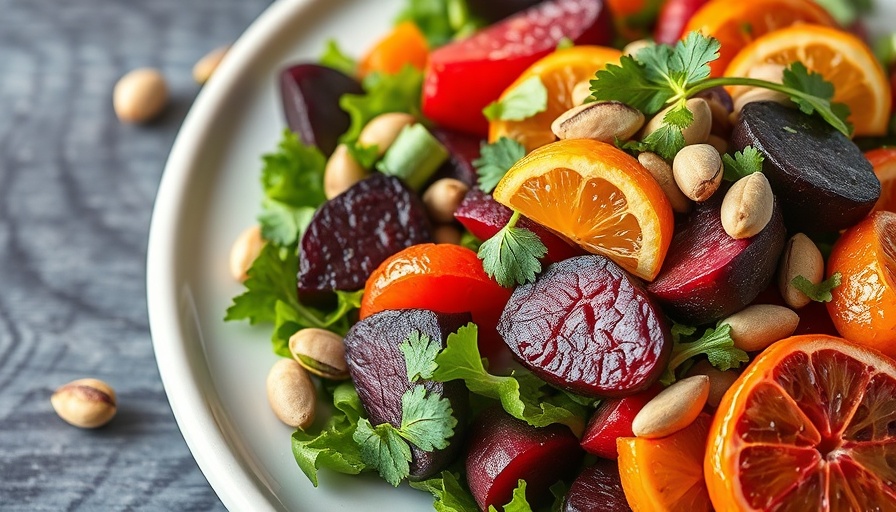 Colorful salad with roasted beets and citrus on grey table.