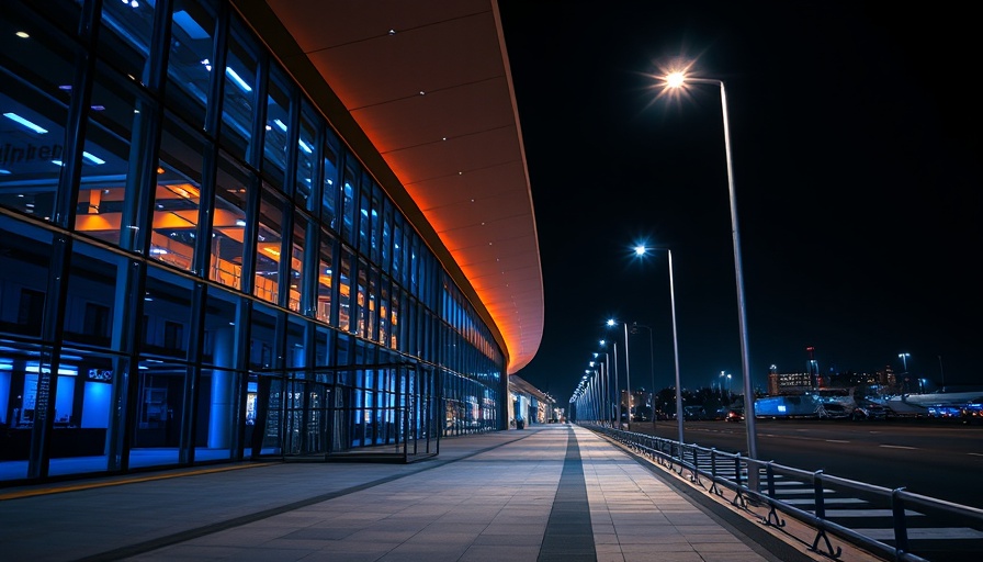 San Antonio airport terminal with vibrant night lighting.