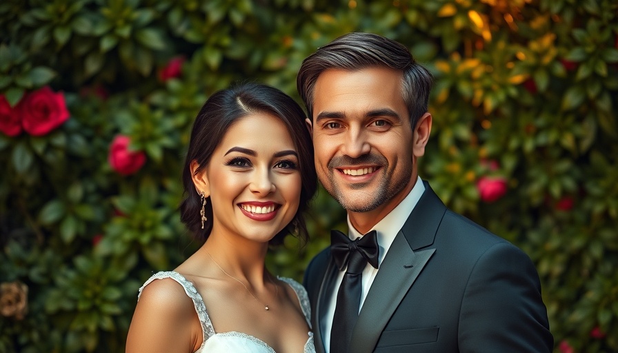 Elegant couple smiling at event in formal attire, lush greenery background.