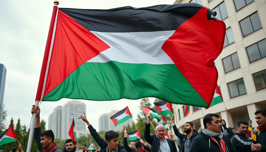 Protest at Columbia University with large Palestinian flag.