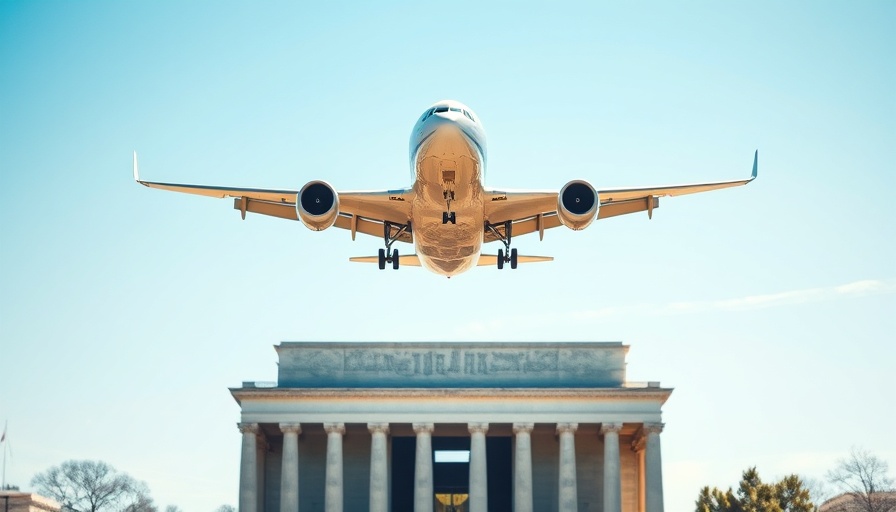 Airplane flying in front of Washington Monument highlighting DC airspace.