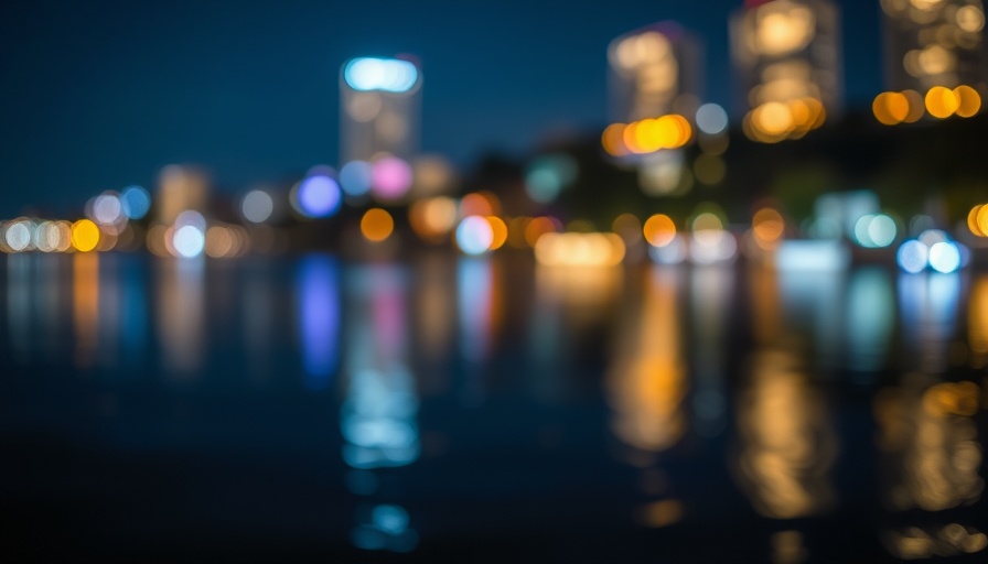 Blurry lights over water reflect nighttime ambiance at Cypress Bend Park.