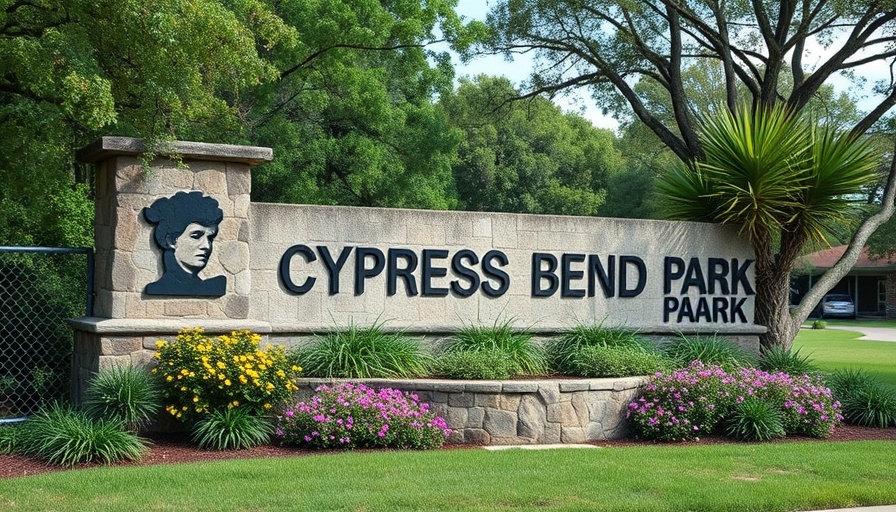 Cypress Bend Park sign with greenery around it.