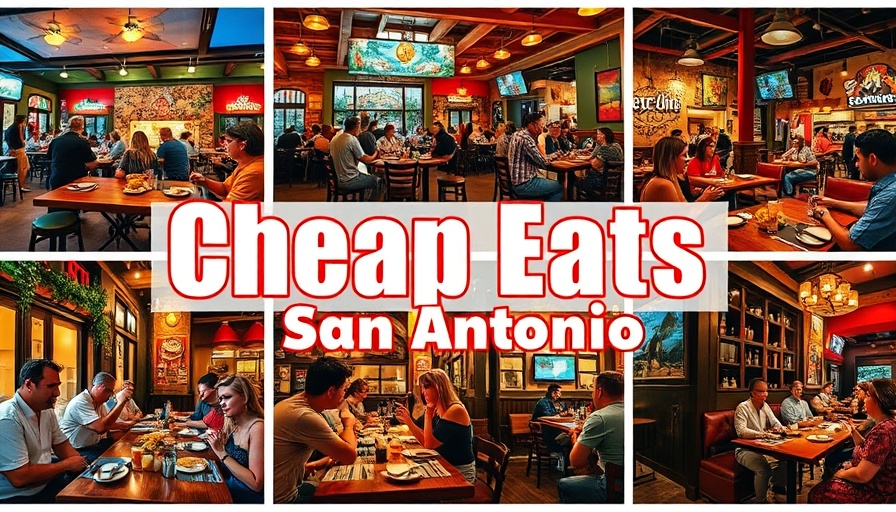 Collage of cheap eats in San Antonio dining scenes.